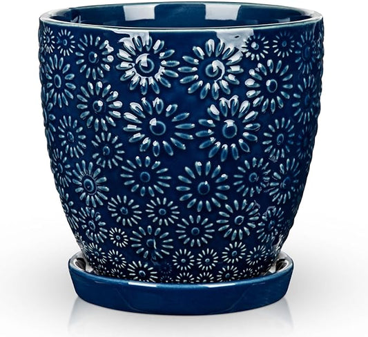 Hollyone 6 Inch Blue Ceramic Planter Flower Plant Pot with Drainage Hole and Saucer for Plants Embossed Indoor Outdoor Garden Embossed Ceramic Glazed Round Pot for Succulent Orchid Sunshine Pattern