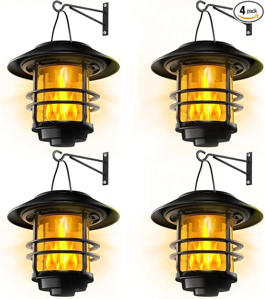Otdair Solar Lanterns Outdoor Waterproof, 4 Pack Flickering Flames Wall Garden Decor , Hanging Solar Lights Wall Mount Decorations for Halloween, Front Porch, Patio, Yard.