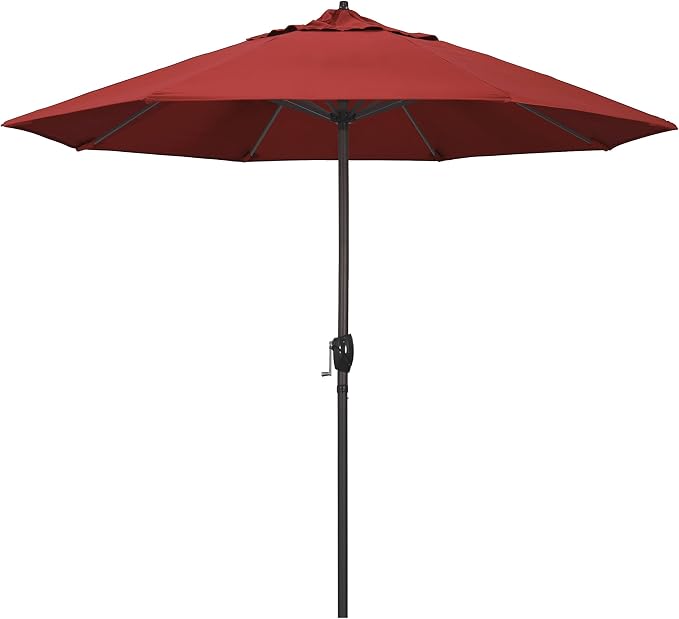 California Umbrella 9' Round Aluminum Outdoor Deck, Pool or Patio Umbrella, Crank Lift, Auto Tilt, Bronze Pole, Red Olefin
