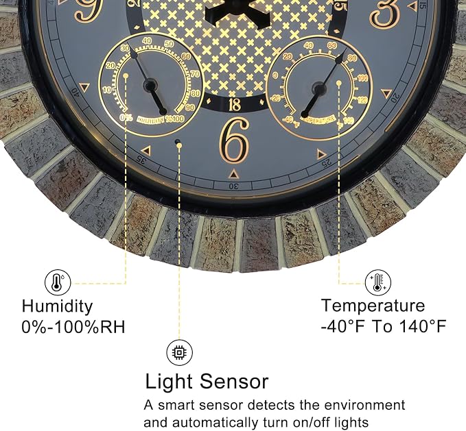 OCEST 18inch Large Indoor Outdoor Clock Illuminated Wall Clock with Thermometer Hygrometer & Night Light Waterproof Battery Operated Silent Non-Ticking Wall Clocks Decor for Patio Pool Porch Bathroom