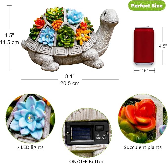 Solar Turtle Statue - Turtle Decor with Yard Outdoor | Cute Solar Turtle Succulent with 7 LED Lights - Unique Turtle Gifts for Mom
