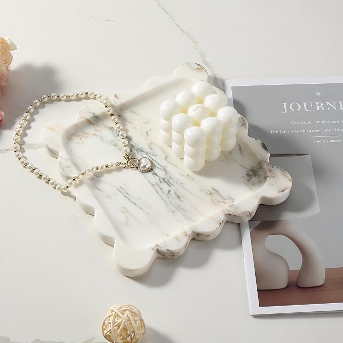 Karibiber Calacatta Marble Tray, 8in White Small Scalloped Tray, Decorative Trinket Dish, Premium Square Bathroom Vanity Tray for Earrings Rings Necklaces, Unique Stone Jewelry Dish Gift