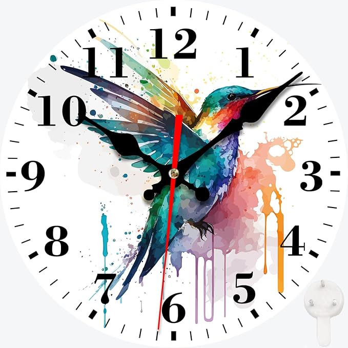 Wall Clocks Battery Operated, Watercolor Hummingbird Silent Non Ticking Decorative Indoor Outdoor Wall Clocks for Living Room Kitchen Bedroom Bathroom 12"