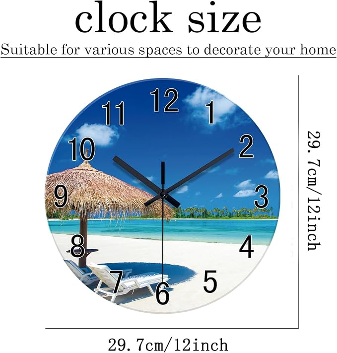 XFM Blue Beach Wall Clock 12 Inch Silent | Non-Ticking Battery Operated Modern Glass Tropical Summer Coastal Decorative for Living Room Kitchen Bedroom Office