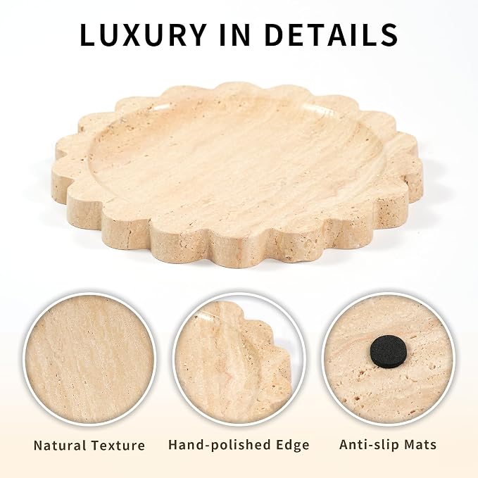 Travertine Scalloped Marble Tray - 9.9 Inch Round Stone Decorative Perfume Trinket Jewelry Dish, Catchall Organizer for Bathroom Vanity Dresser Kitchen Countertop Home Decor