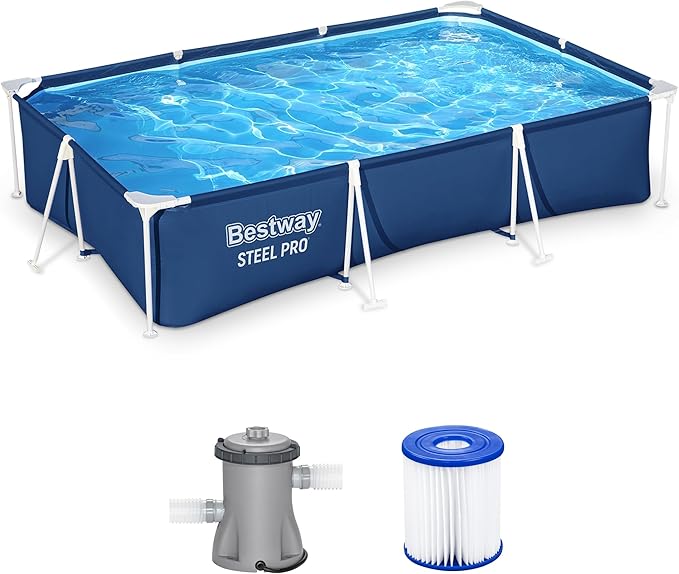 Bestway Steel Pro 9.8' x 6.6' x 26" Above Ground Pool, Rectangular Metal Frame Outdoor Swimming Pool Set with Filter Pump & Type I Cartridge, Blue