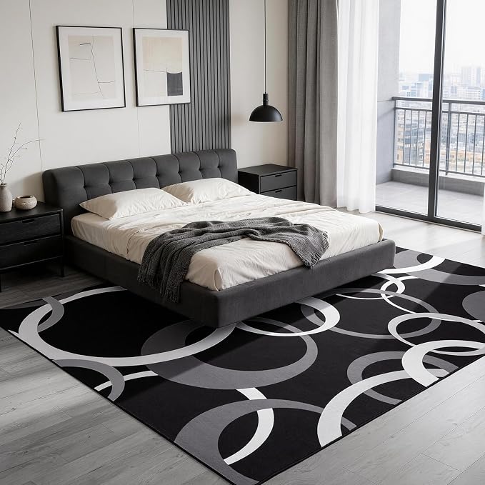 Black and White 8x10 Area Rugs for Living Room, Circle Pattern Washable Rug for Bedroom Non Slip Low Pile, Soft Modern Carpet for Dining Room Playroom Home Office Decor