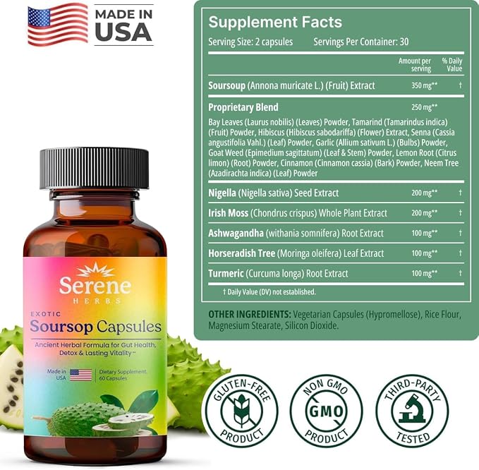 Serene Herbs Graviola Soursop Capsules Organic - Guanabana Extract Pills with Black Seed, Irish Moss & Moringa - 16 Herb Daily Supplements & Digestive Support - Vegan, Non-GMO (Pack of 1)