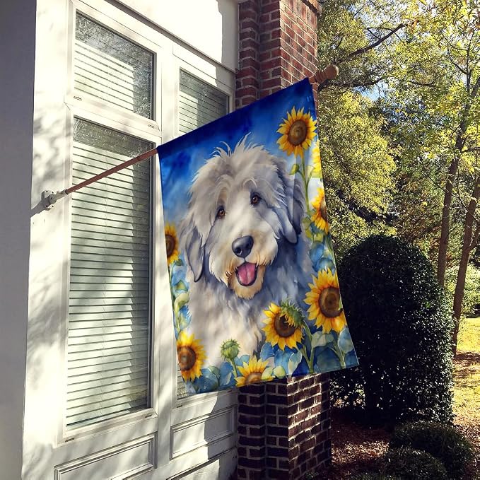 Caroline's Treasures DAC6129CHF Old English Sheepdog in Sunflowers House Flag Large Porch Sleeve Pole Decorative Outside Yard Banner Artwork Wall Hanging, Polyester, House Size, Multicolor