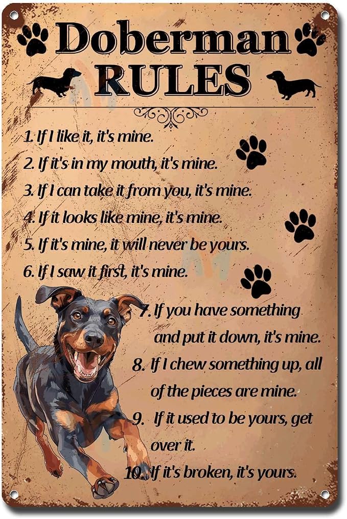 Metal Sign Tin Sign Vintage Wall Art Doberman Rules Metal Signs Vintage for Restaurant 12×16 Inches