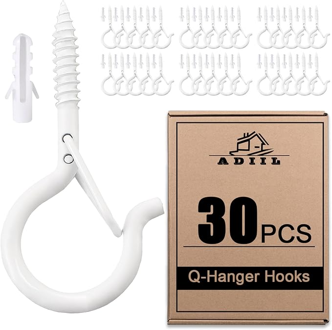 ADIIL 30 PCS Q Hanger Hooks with Safety Buckle, Windproof Screw Hooks for Hanging Outdoor String Lights, Plants, Christmas Patio Lights, 2.2 Inches, White