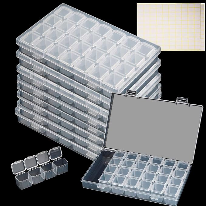 KINJOEK 12 Pack 28 Grids Diamond Paint Storage Boxes, 336 Slots Plastic Bead Organizer Containers with Labels, Movable Dividers Diamond Bead Painting Art Case for Cross Stitch Accessories Supplies