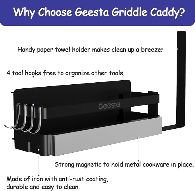Geesta Upgraded Griddle Caddy for Blackstone 28"/36" Griddles/Weber Grill/Prep Cart, BBQ Grill Accessories Space Saver with Magnetic Tool Holder & Paper Towel Holder