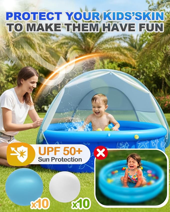 2026 Updated Foldable Kiddie Pool with Canopy and 20 Ocean Balls: 47in for Baby Toddler Kids- Summer Water Play Pool with Sprinkler and Shade - Portable for Outdoor Backyard Beach