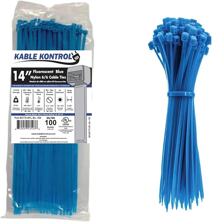 Kable Kontrol Fluorescent Blue Zip Ties 14 Inch 100 Pcs, 50 Lbs Tensile Strength, Self-locking Nylon Colored Cable Ties Wire Wraps for Indoor or Outdoor Use…