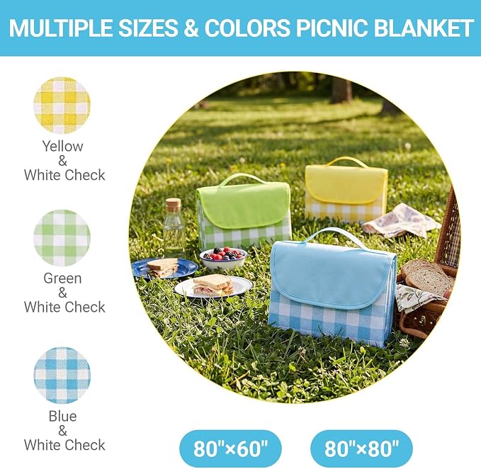 Waterproof Foldable Picnic Blanket Outdoor with Carry Strap,80"X60" Extra Large Beach Blanket Sandproof,Portable Soft Gingham Picnic Mat for Camping Travel Hiking Family Concerts Park(Blue)