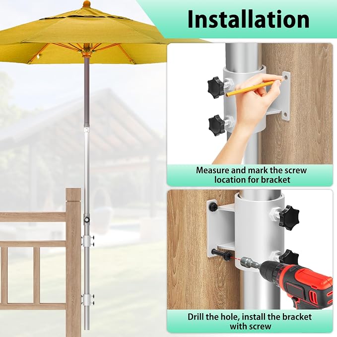 Deck Umbrella Mount Stainless Steel Patio Umbrella Holder, Umbrella Clamp Mount for Deck Railing Heavy Duty Outdoor Umbrella Clamp White（2 Pcs）