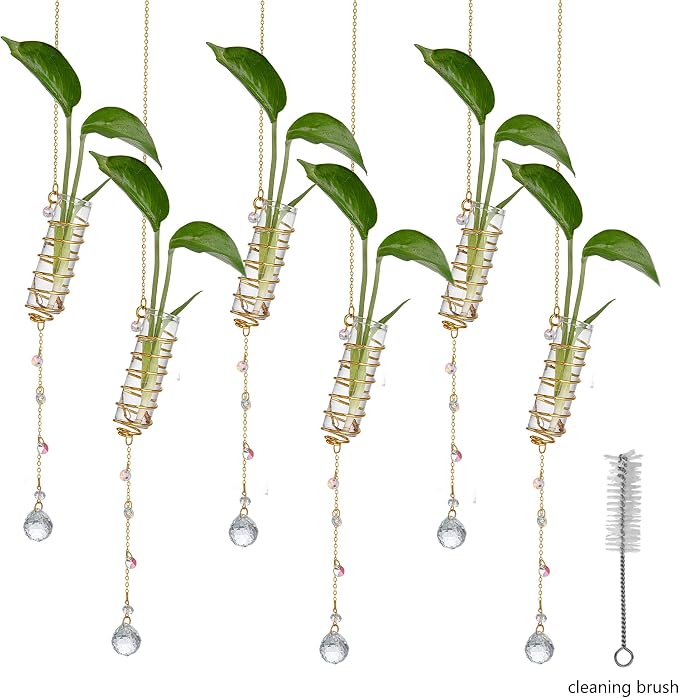 6Pcs Hanging Propagation Station with Crystal Ball Prisms Plant Suncatcher | Glass Wall Hanging Propagation Vases Crystals Prism Suncatchers Decor for Windows Home Wedding with a Cleaning Brush