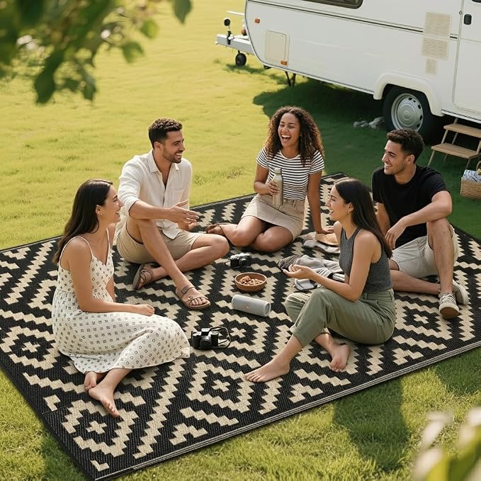 RURALITY Outdoor Rugs 9x12 Feet for Patios Clearance,Plastic Straw Waterproof Mats for Backyard,Porch,Deck,Balcony,Black&Beige