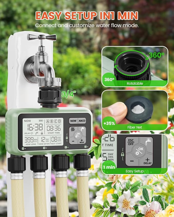 Sprinkler Timer 4 Zone Water Timer for Garden Hose Programmable Outdoor Hose Faucet Controller with Rain Delay Manual and Automatic Irrigation Controller System Low Battery Warning for Lawn Yard