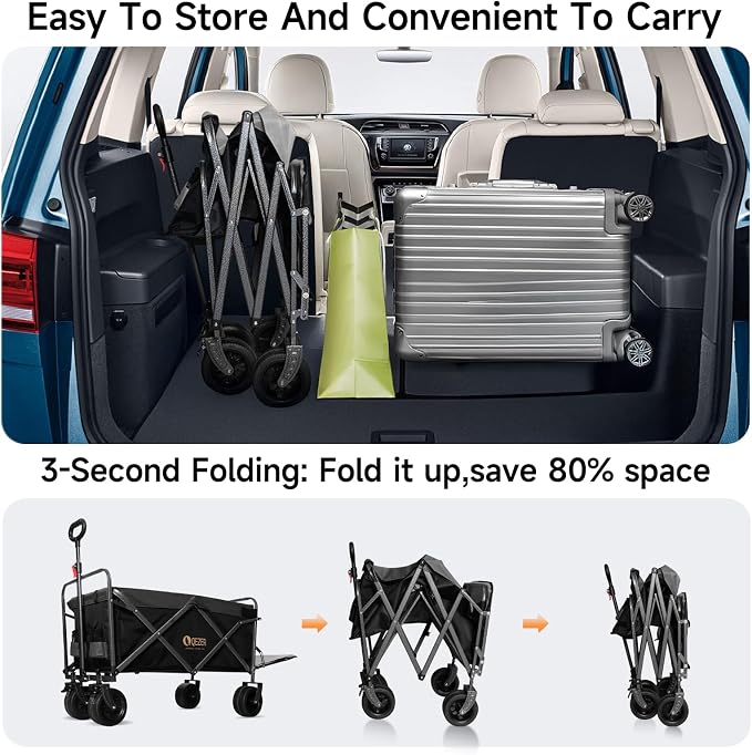 56" Large Collapsible Folding Wagon with Tailgate and Brake, 600LBS Heavy Duty Utility Cart, 250L Large All-Terrain Beach Wagon for Camping Garden Shopping Grocery Sports