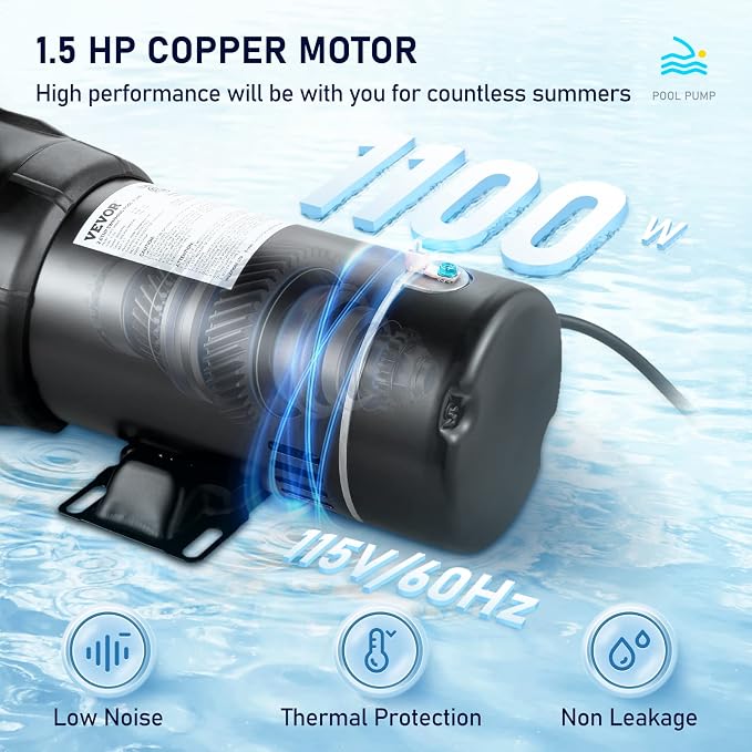 VEVOR Swimming Pool Pump 1.5 HP 5280 GPH Max Flow Single Speed Pump, 115 V | for Above Ground Pool, 43 ft Max Head Lift, Pure Copper Motor, with Strainer Basket & Lid, Certification of ETL for Security