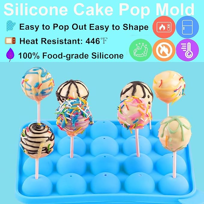 606Pcs Cake Pop Kit,Silicone Lollipop Molds Including Lollipop Sticks,Measuring Cup,Treat Bags,Twist Ties,Decorating Pen,Meat Baller with Handles,Round Mold,Lollipop, Candy,Display Stand Holder(Blue)