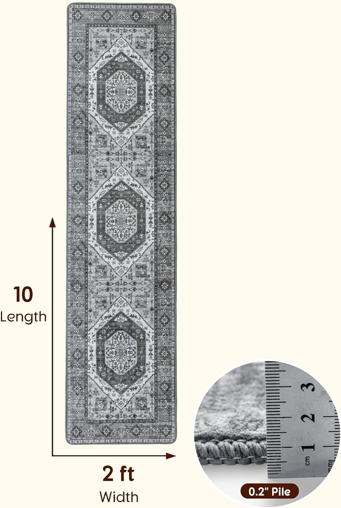 LBRO2M Machine Washable Rug Soft Pet Friendly Carpet 2X10 Dark Gray | Persian Runner Rug 2X10 for HallWay, Bedroom, Kitchen, Laundry Room, Non Slip Carpet, Foldable Stain Resistant Rugs