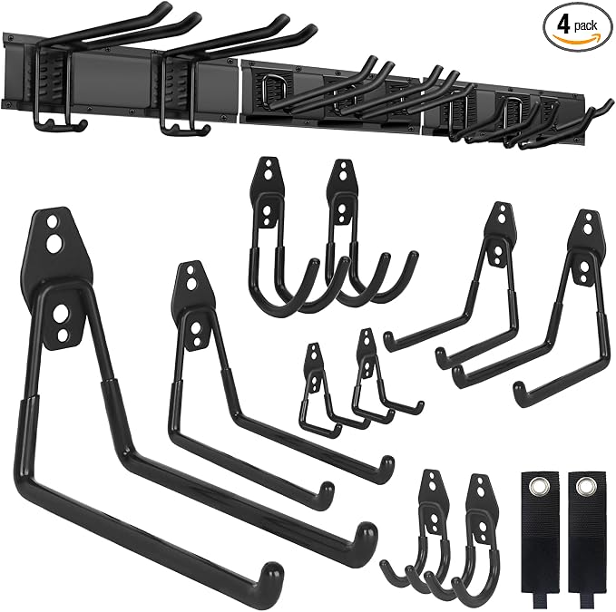 PIYILO Garden Tool Organizer 48 in with 18 Garage Hooks, Heavy Duty Garage Wall Hooks for Hanging Ladder, Bike, Tool Storage Rack for Yard Tools, Shovel, Shed (23 Pack)