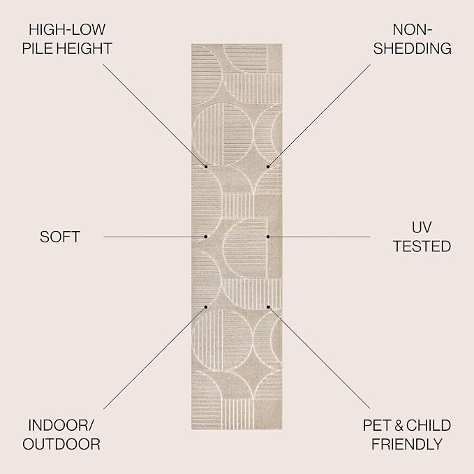 JONATHAN Y Nordby High-Low Arch Striped Indoor/Outdoor Runner Rug, 2x8, Beige/Cream, for Patio, Backyard, Living Room, Bedroom, Office, Hose-Washable (SCN104E-28)