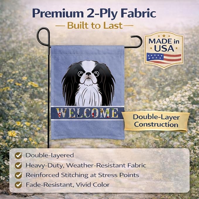 Caroline's Treasures BB1416GF Japanese Chin Welcome Garden Flag, Blue Mailbox Flag Decorative Yard Flag Banner Outside Patio Artwork Yard Flower Beds, Garden Size, Multicolor