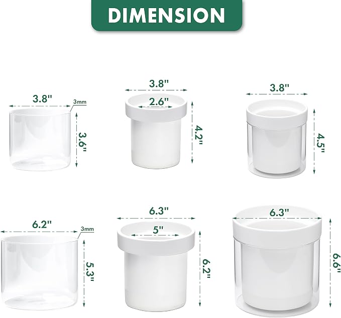 Phoenix Vine 6 Inch 4 Inch Self Watering Planter, White Terracotta Clay Pots with Glass Reservoir for Indoor Plants, Herbs, Flowers, 52-B-G-46