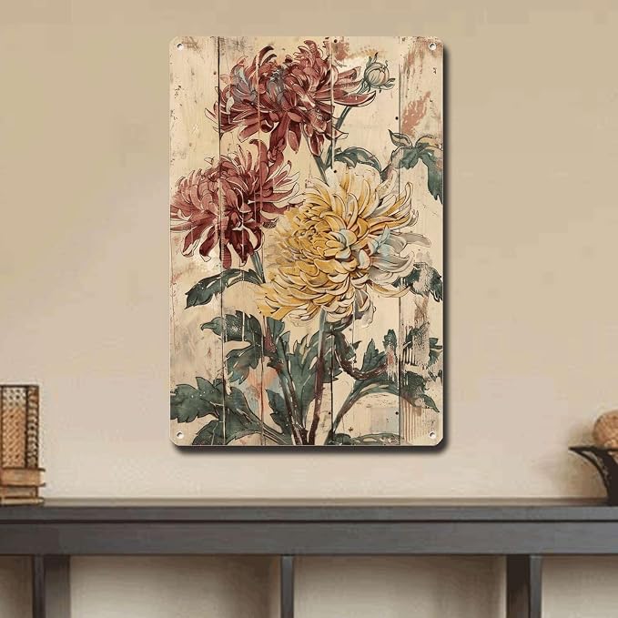 Metal Sign Tin Sign Vintage Wall Art Autumn's Antique Beauty Chrysanthemum Tin Sign for Vintage Wall Art Rustic Charm and Shabby Chic Restroom Tin Sign for Pub 8×12 Inches