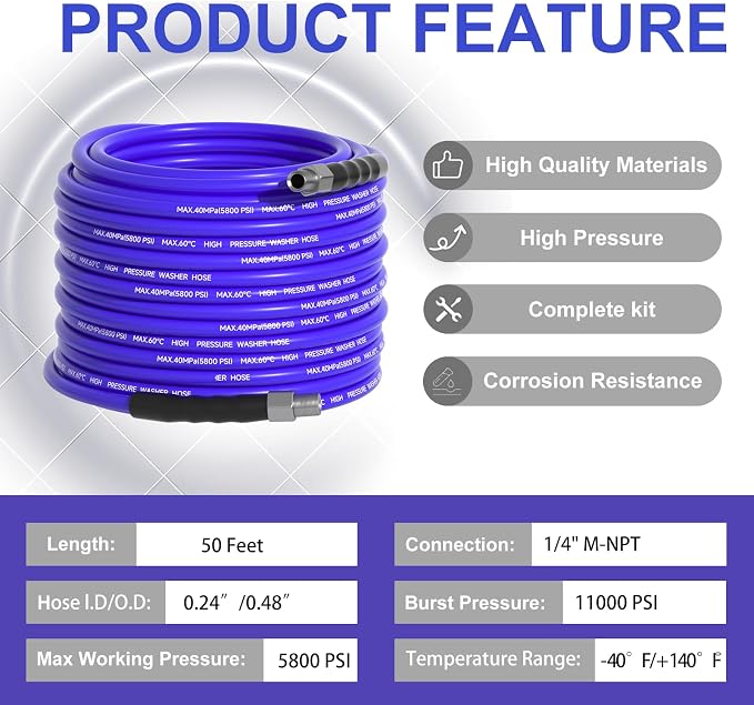 50FT Sewer Jetter Kit for Pressure Washer 1/4"NPT Drain Cleaner Hose 5800PSI Corner Rotating and Button Hose Sewer Jetting Nozzle Pearl Corsage Pin Tape Handle Strap Spanner