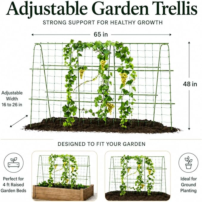 FOLLOOK Cucumber Trellis for Raised Garden Bed, Rustproof Metal Garden Arch Trellis for Climbing Plants Support Outdoor Fruit Grape Vine Vegetable Tomato Bean Pea Trellis, 63x48inch, Green