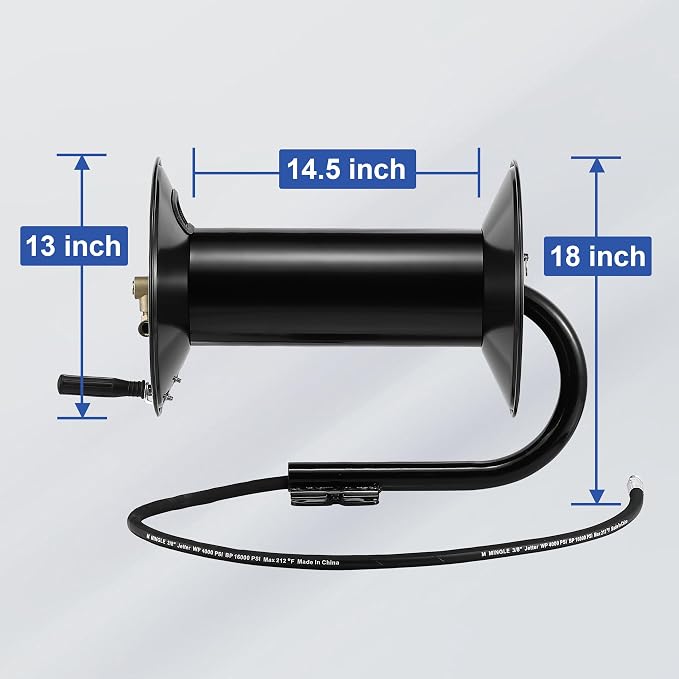 M MINGLE Pressure Washer Hose Reel 300ft x 3/8" / 500ft x 1/4", 4000 PSI | Heavy Duty Steel Hose Reel, Manual Crank Power Washer Hose Reel with Swivel Arm, 3/8" NPT Outlet Pipe