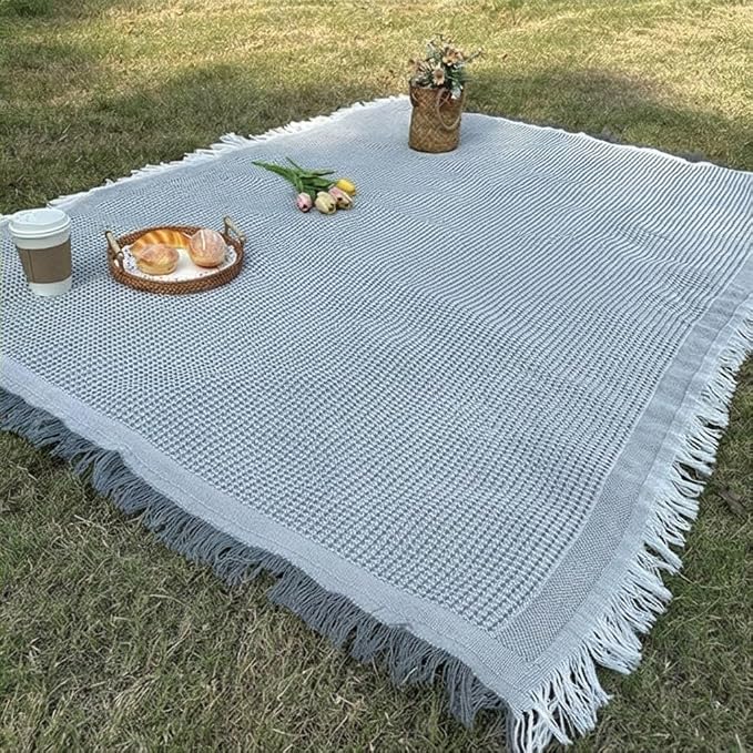 White Picnic Blanket, Extra Large Soft Cotton Gauze Picnic Rug 71"x71", Lightweight Breathable Blanket with Leather Handle, Machine Washable for Beach, Camping, Park, Couples (Gray)