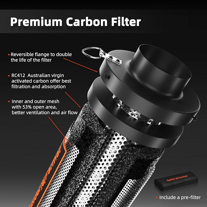 Spider Farmer 4 Inch Carbon Filter for Grow Tent Odor Control | Made with Australian virgin charcoal, includes pre-filter and reversible flange for inline duct fan and hydroponics
