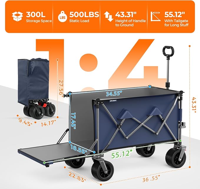 Collapsible Wagon with Tailgate, 55" Expandable 300L All-Terrain | 500 Lbs Heavy Duty, Utility Folding Wagon, 7"×4" Wheel, 360° Swivel & Brakes, Long Item Storage,Beach, Camping, Gardening