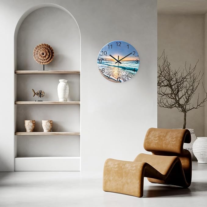 Blue Beach Wall Clock for Kitchen 14 Inch | Round Coastal Clocks for Walls Analog Glass Wall Clock Non Ticking