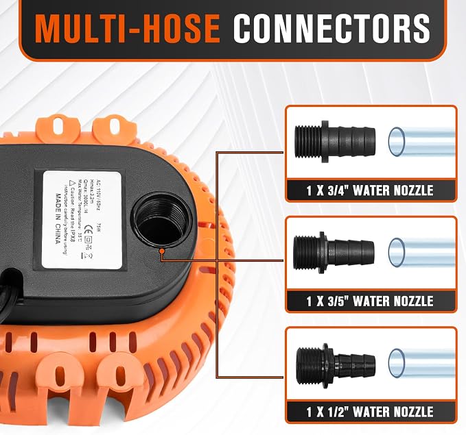 Sump Pump,Pool Cover Pump above Ground | For Swimming Pool Basement Garden Pond Tubs Draining,75W,Max Flow:850GPH,3 Adapters,25 Ft Power Cord (Orange)