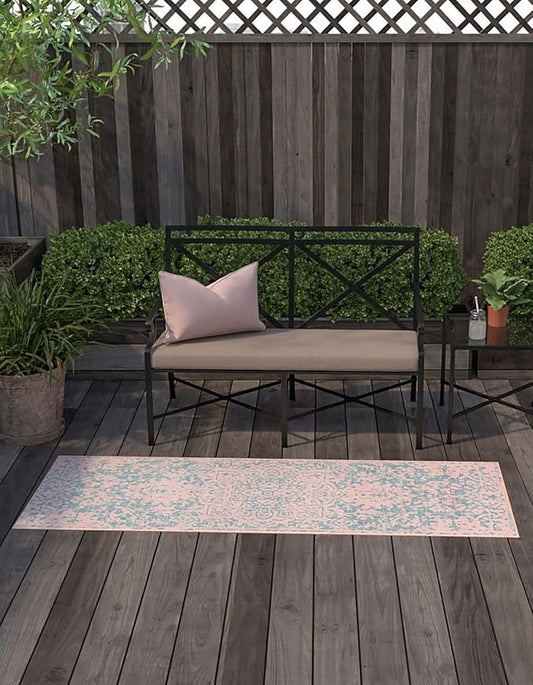 Unique Loom Outdoor Collection Area Rug - Dubai (2' x 8' Runner, Pink and Aqua/Light Blue)