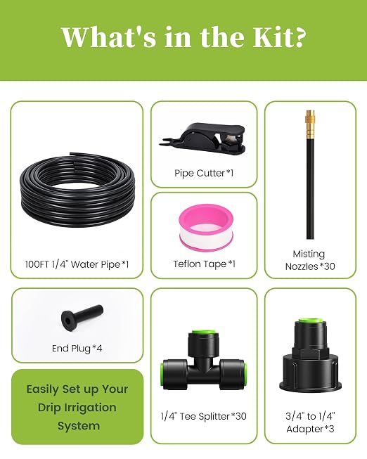 RAINPOINT 100FT Drip Irrigation System with 30pcs Adjustable Copper Nozzles | Garden watering kit with 360° adjustable atomizing sprayers for greenhouse, lawn, raised beds, flower beds, vegetable gardens
