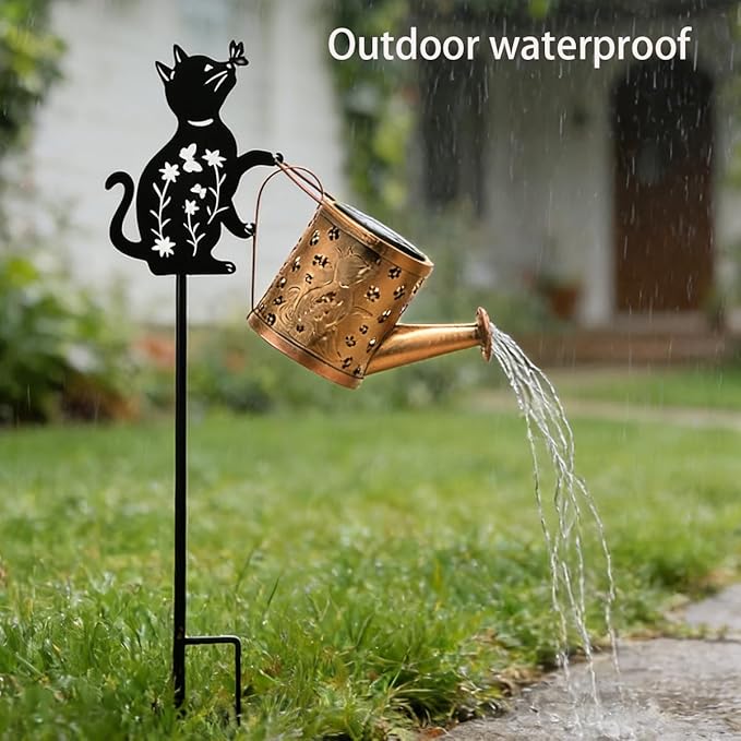 Solar-Powered Cat Watering Can Lights with Metal Cat Statue Silhouette Pillar Garden Feature Light, for Christmas, Mother's Day, Birthday Gifts, Garden, Lawn, and Courtyard Decorations