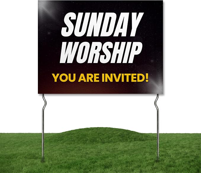 Sunday Worship - You’re Invited! Yard Sign by DC | 24"x18" Double Sided Church Garden Sign with 13” Metal Stakes | Outdoor Signs Waterproof for Lawn, Patio, Sidewalk & House | Set of 5 | Made in USA