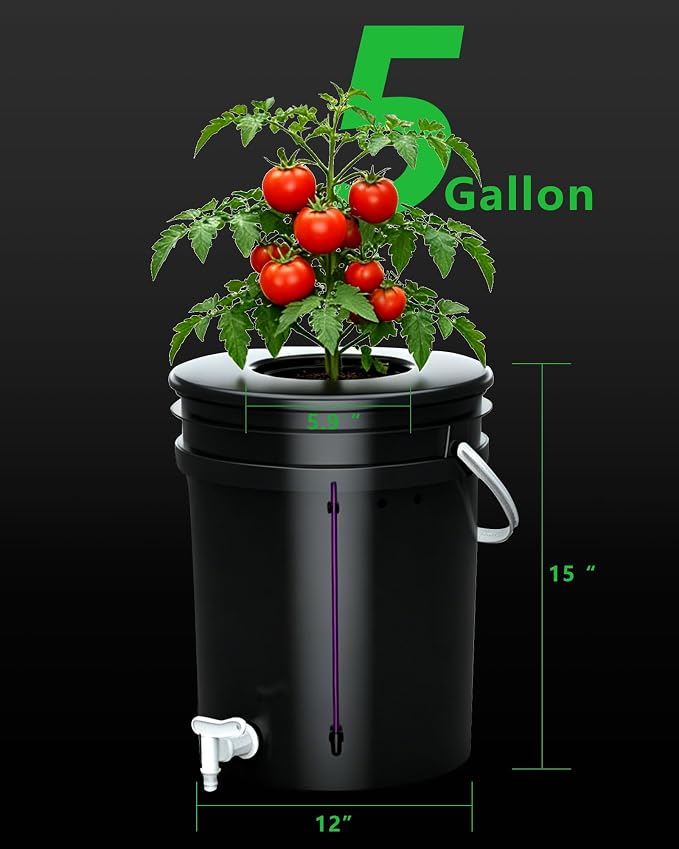 2 Buckets 5 Gallon DWC Hydroponic System, Built-in Drain Tap, Top Drip Kit with 12W 4-Outlet Air Pump, Rockwool, Clay Pebbles & Air Stones for Tomato Pepper Large Indoor Plants