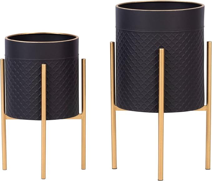 Decorative Flower Pots with Metal Stand for Home Decor - Modern Planters for Hallway, Entryway, and Living Room Decor - Indoor and Outdoor Pots for Plants - Set of 2, 23", 19", Black & Gold