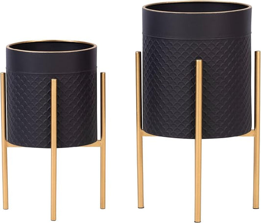 Decorative Flower Pots with Metal Stand for Home Decor - Modern Planters for Hallway, Entryway, and Living Room Decor - Indoor and Outdoor Pots for Plants - Set of 2, 23", 19", Black & Gold