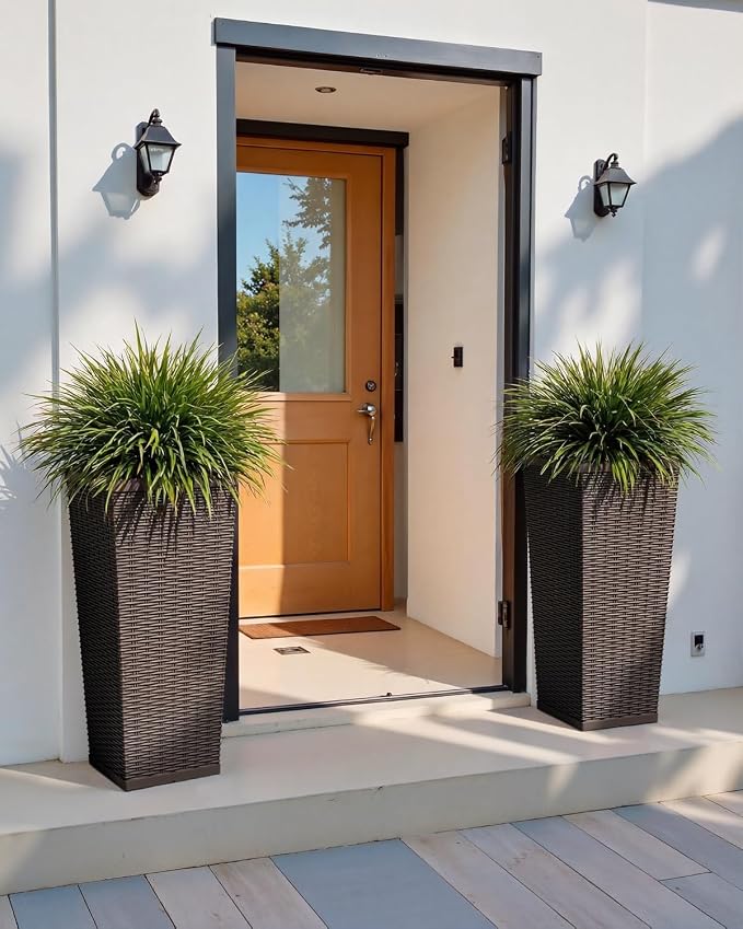 Greesum 30 Inch Tall Plastic Planters (Set of 2), Extra Large Outdoor Flower Pots with Detachable Inner Pot & Drainage Holes for Large Plants, Trees, Patio, and Garden, Brown