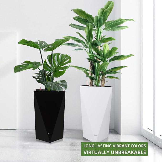 Dexceder 20 Inches Self Watering Tall Planter (Black) | Diamond High Gloss, Thickened Rhombus Large Floor Standing Flower Plant Pot with Water Level Indicator Indoor Outdoor